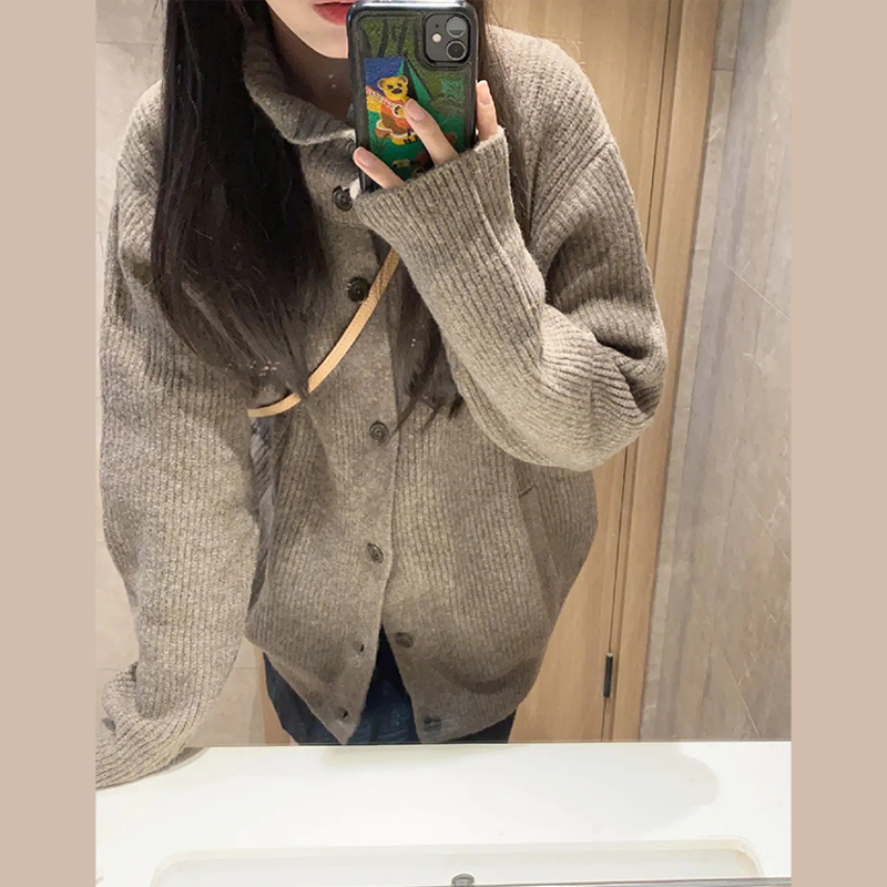 高領毛衣開衫外套女秋冬季2023新款高級感日系慵懶風寬鬆針織上衣