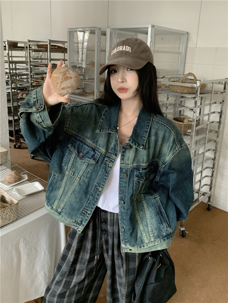 Real shot~New loose washed gradient color top retro cocoon-shaped wide-sleeved denim jacket for women