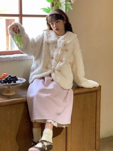 Japanese sweet girl style doll collar furry autumn and winter thickened warm loose suit environmentally friendly fur short coat for women