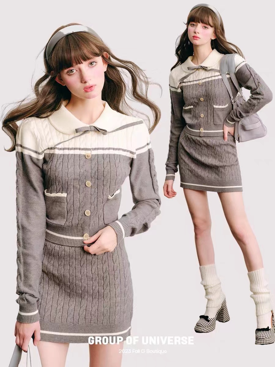 減齡少女感學院風撞色麻花紋蝴蝶結娃娃領針織上衣+包臀半裙