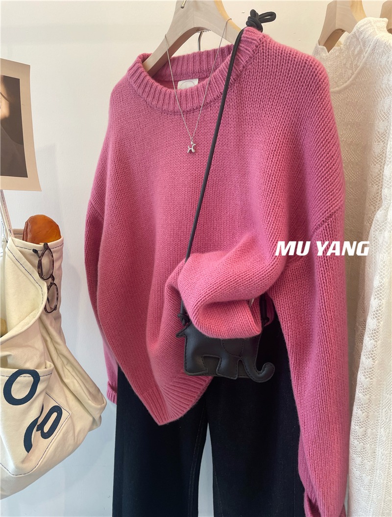 秋冬新款韓國慵懶外穿毛衣厚實多色寬鬆圓領純色套頭毛衣女上衣