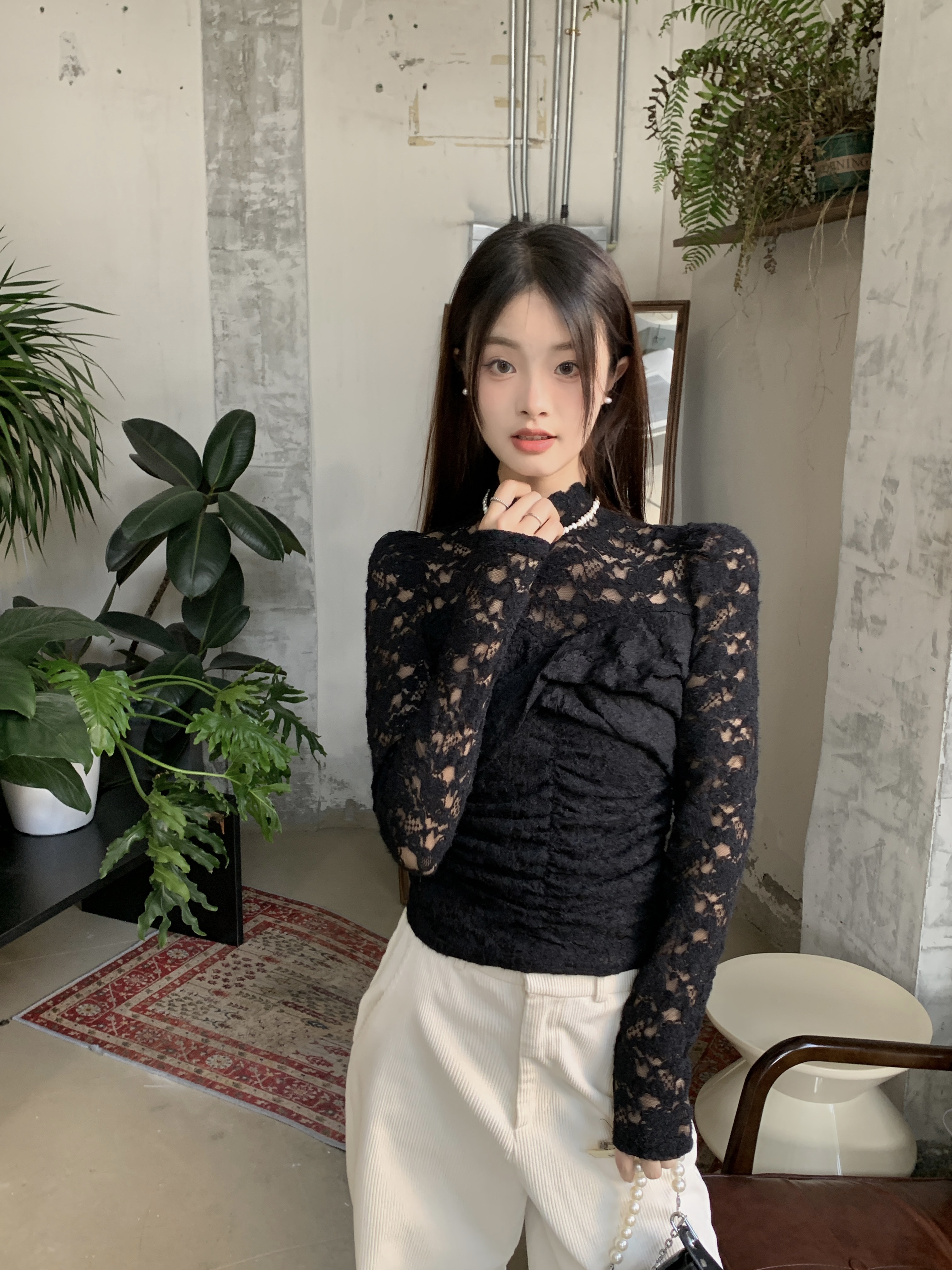 實拍 立領花邊褶皺顯瘦薄款泡泡袖杏色蕾絲內搭打底上衣