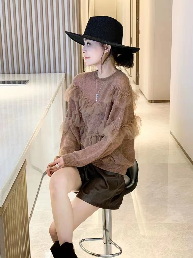 網紗拼接溫柔風圓領套頭慵懶針織衫毛衣薄款初春2023新款女歐貨潮