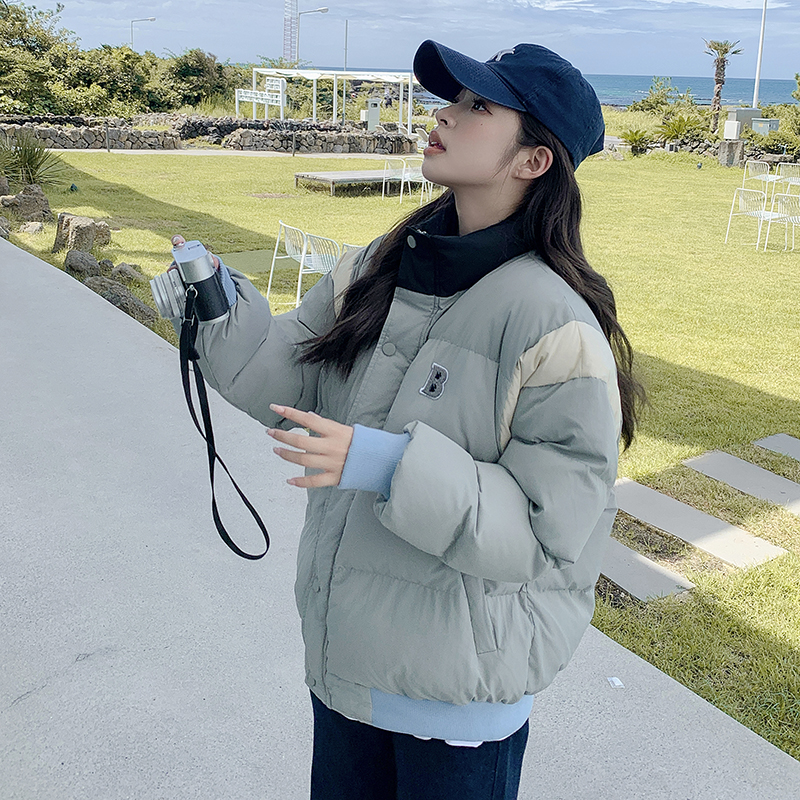 Actual shot of Korean style color-blocking down jacket for women 2023 winter new stand-up collar student cotton coat bread coat small man coat