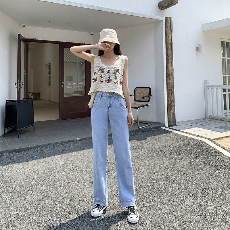 實拍2023秋季時尚潮流寬鬆闊腿復古牛仔褲女
