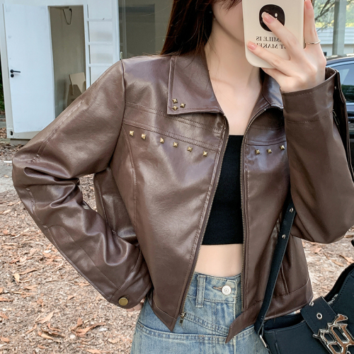 Real shot ~ Brown American retro rivet short jacket for women  autumn new PU leather jacket trendy