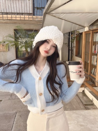 Korean chic sweet knitted cardigan women's autumn new 2023 foreign style V-neck imitation mink fur splicing sweater