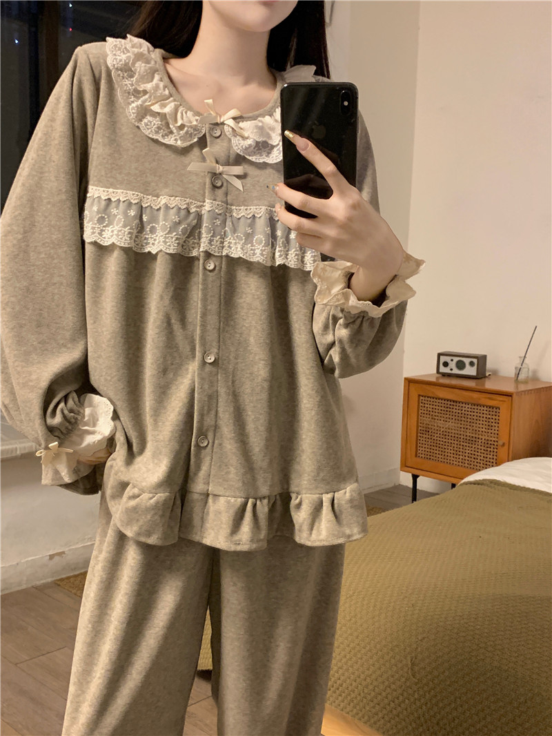 實拍韓版甜美宮廷風治癒系小溫柔加厚保暖毛巾絨秋冬家居服套