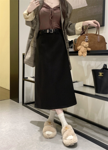 Actual shot ~ New solid color woolen skirt for women, high-waisted slimming straight A-line slit hip-covering mid-length skirt