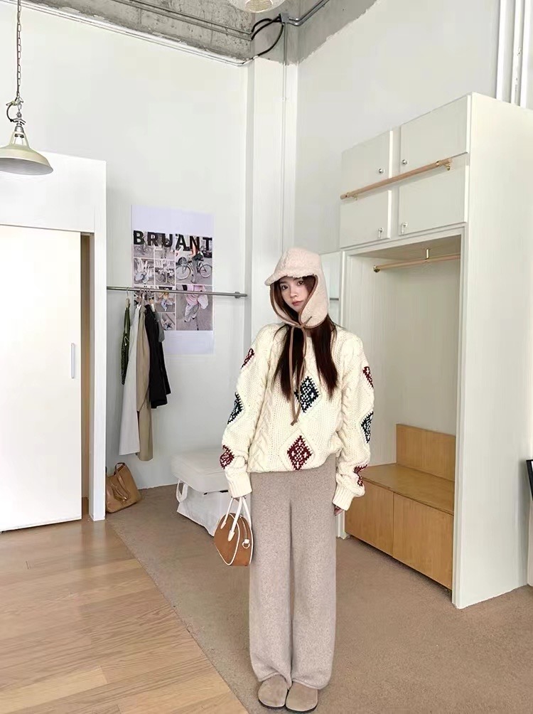 SourceWithU 糖霜薑餅 節日氛圍重工填色麻花毛衣圓領寬鬆上衣女