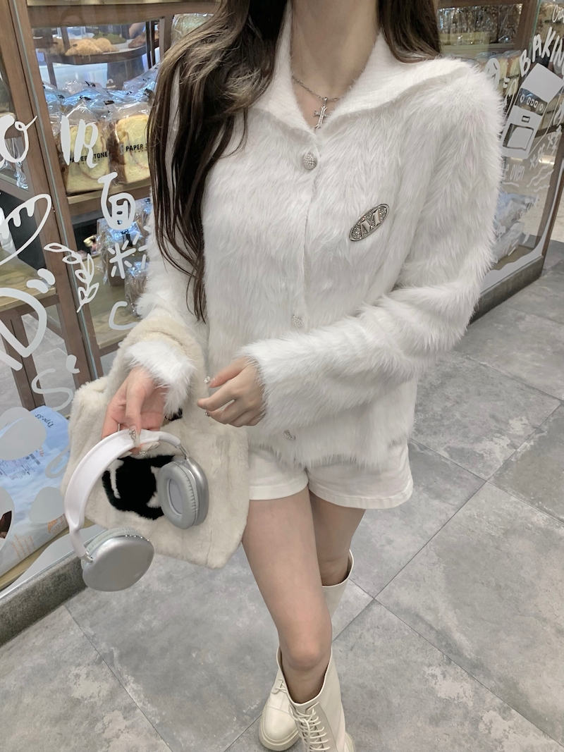 實拍 小香風法式仿水貂絨翻領軟糯毛衣外套女秋冬別致針織上衣