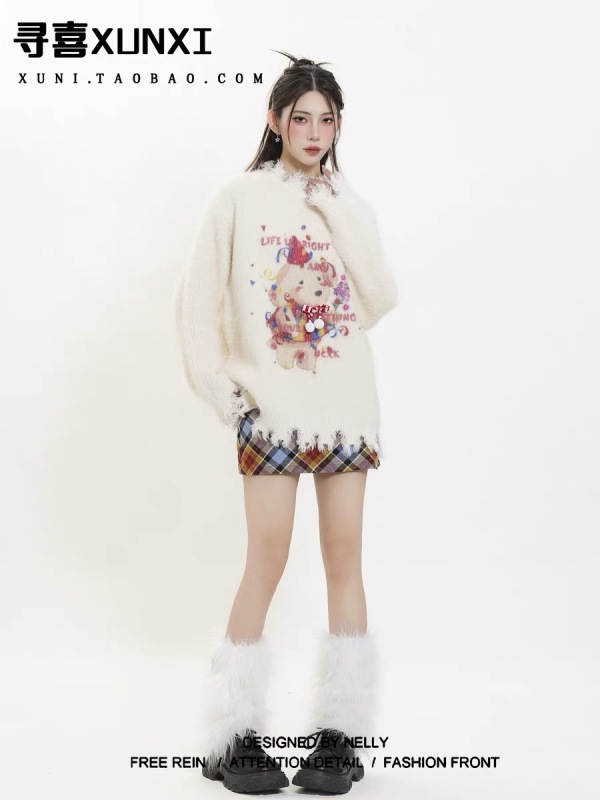 尋喜XUNXI 聖誕節小狗不規則針織衫毛衣女秋冬慵懶風馬海毛上衣