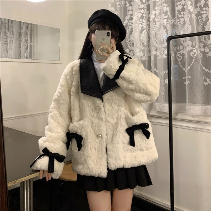 官圖原版布料質量2023撞色蝴蝶結小香風羊羔毛絨外套女