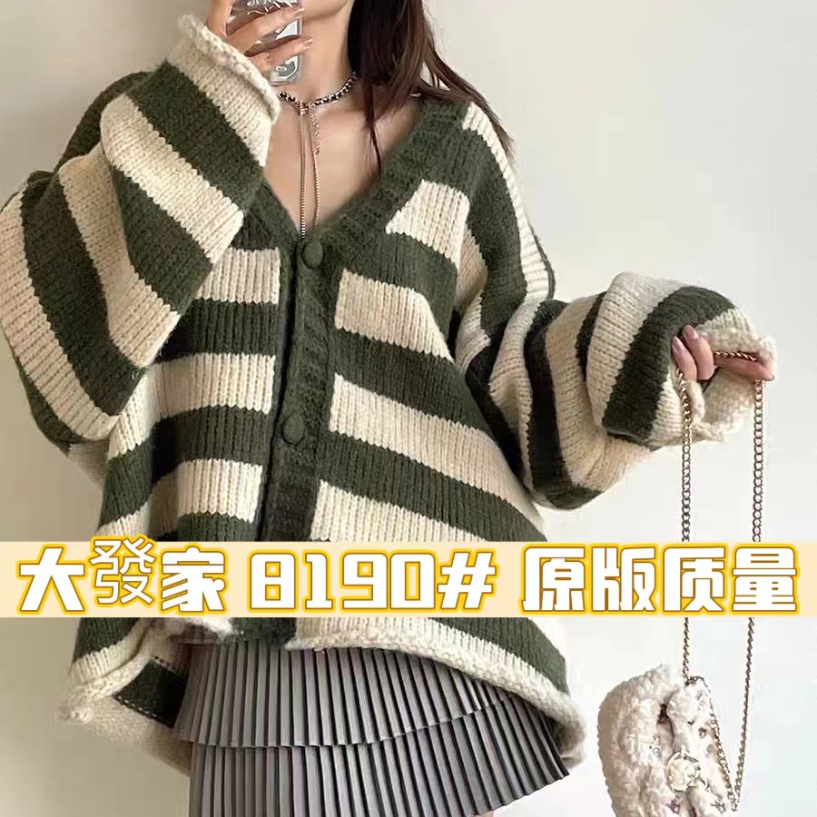 優質 韓國東大門秋冬新款條紋針織開衫毛衣軟糯中長款上衣