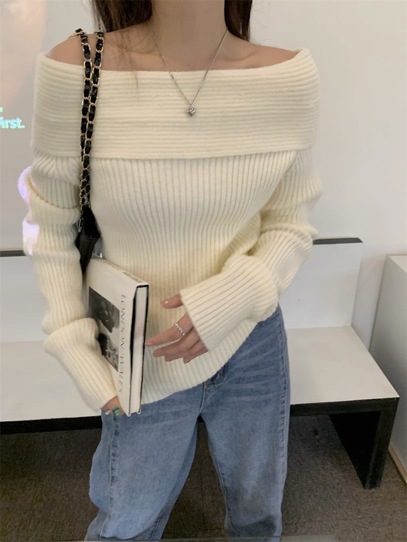 慵懶風一字肩毛衣針織衫女秋冬設計感中長款寬鬆百搭外穿長袖上衣