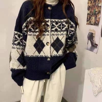 復古菱形格提花圓領單排扣毛衣女寬鬆慵懶風顯瘦時尚網紅針織開衫