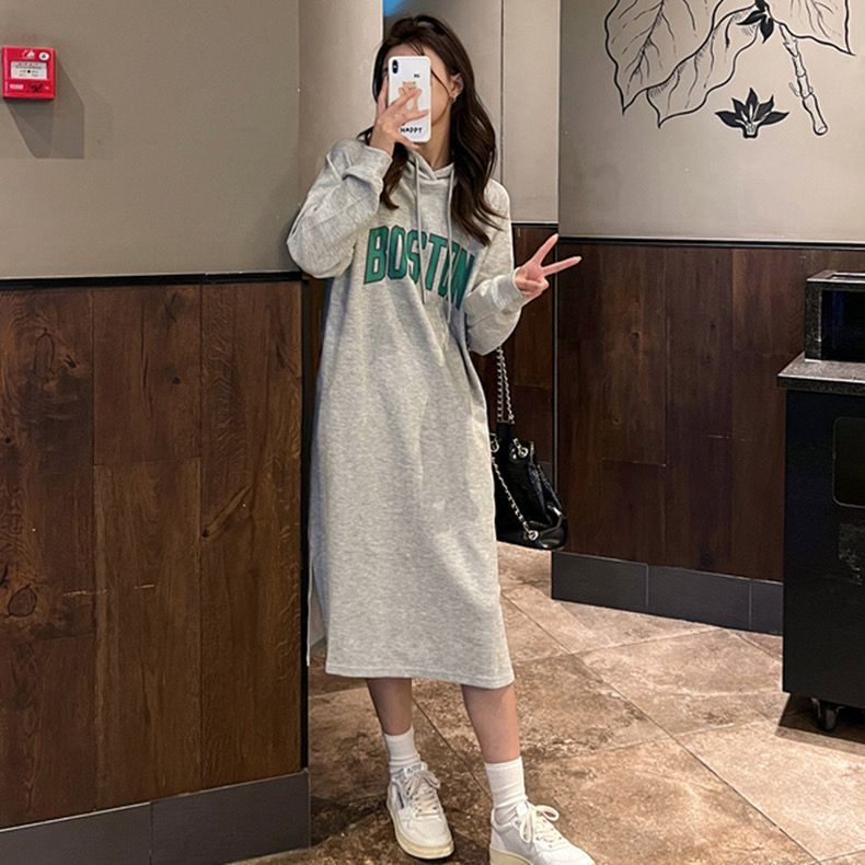 250克大衛衣 雙層帽 開叉秋冬季韓版休閒開叉連衣裙衛衣女