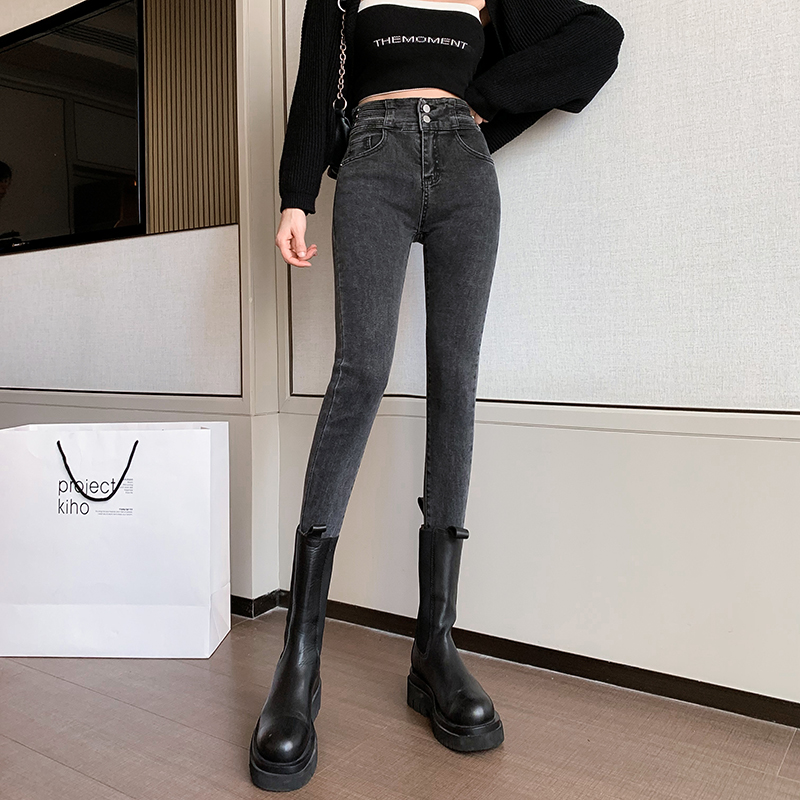 實拍2023秋季時尚復古高腰鉛筆牛仔褲女