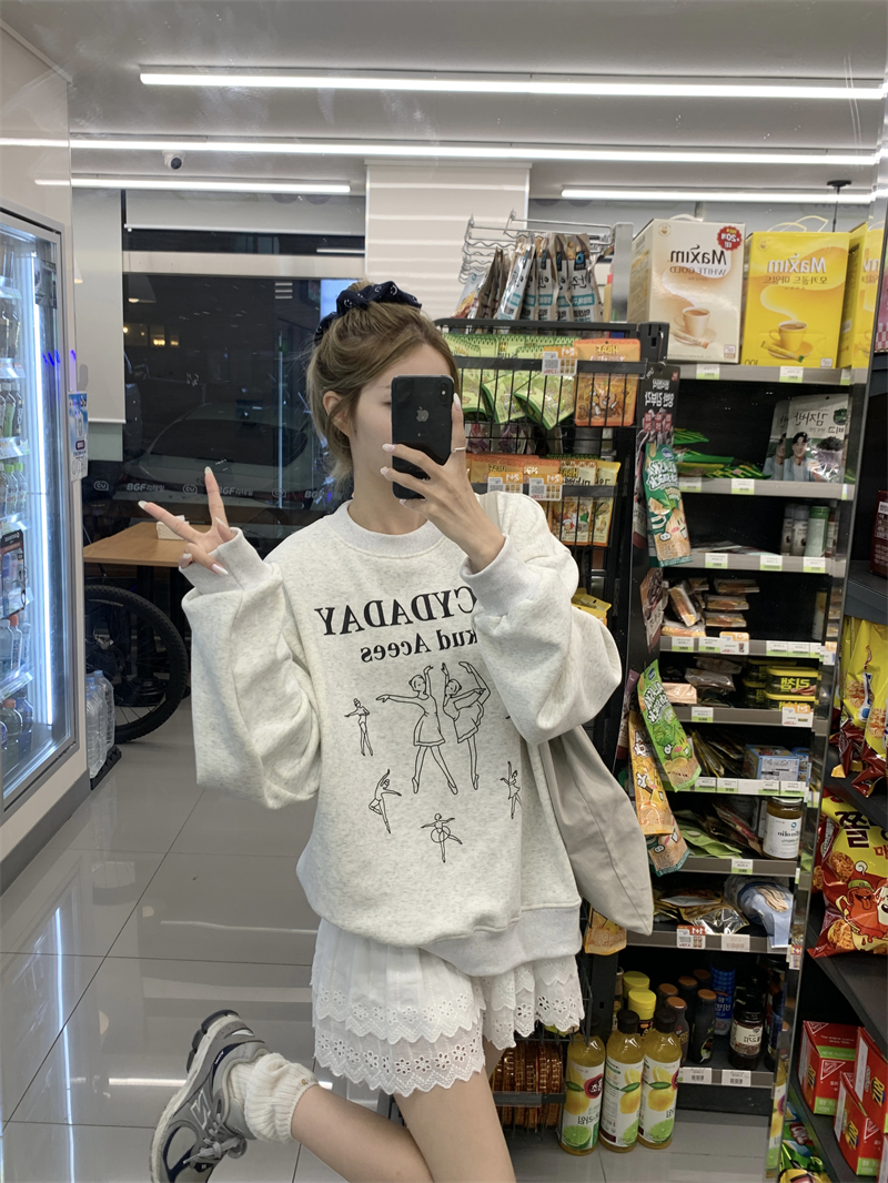 實拍~ 原創韓系芭蕾少女印花燕麥灰寬鬆百搭圓領長袖加絨衛衣
