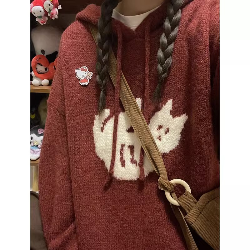 日系復古卡通貓咪提花連帽毛衣女秋冬寬鬆慵懶風軟糯針織衫上衣潮