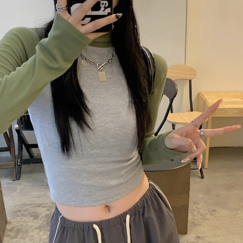港味拼色高領插肩長袖t恤女早秋新款韓版修身辣妹打底衫上衣短款