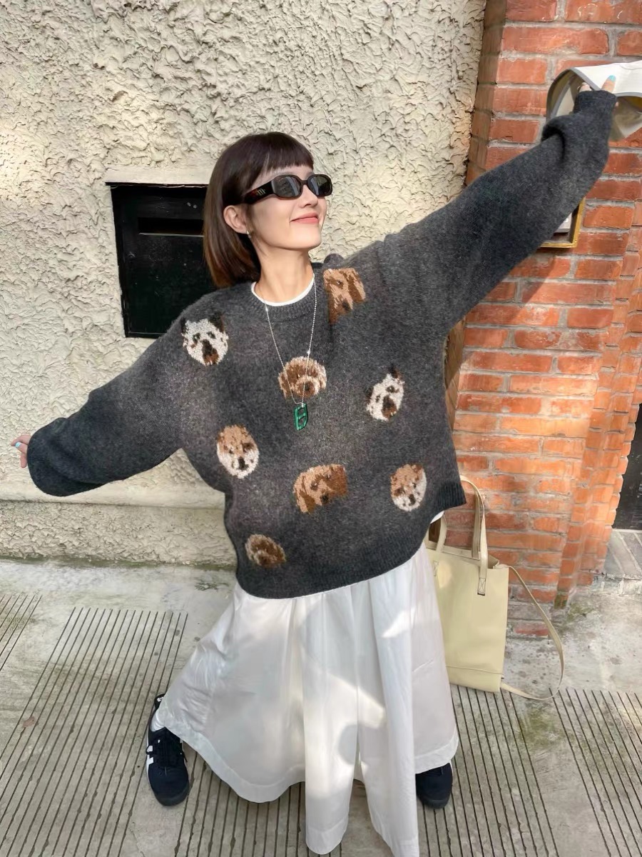 Frequency山雞 原創美式復古提花慵懶風毛衣女秋冬軟糯針織衫上衣