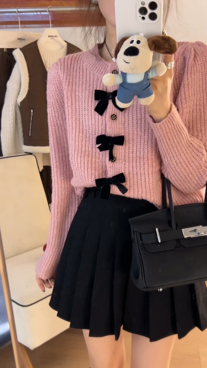 外穿短款針織開衫毛衣女小香風蝴蝶結時尚減齡聖誕小個子顯瘦上衣