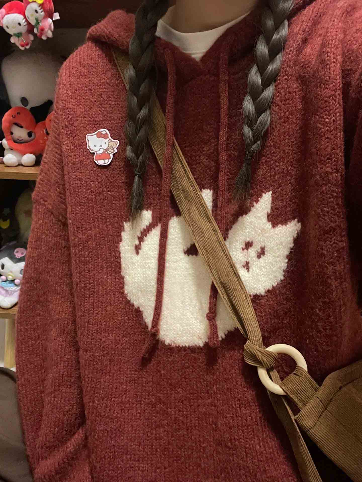 日系復古卡通貓咪提花連帽毛衣女秋冬寬鬆慵懶風軟糯針織衫上衣潮