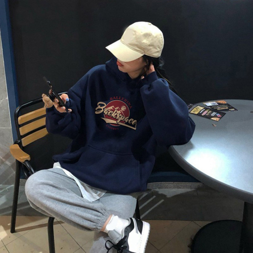 Thin 320g polyester fiber 67% cotton 30% other 3% hooded sweatshirt, American retro lazy style