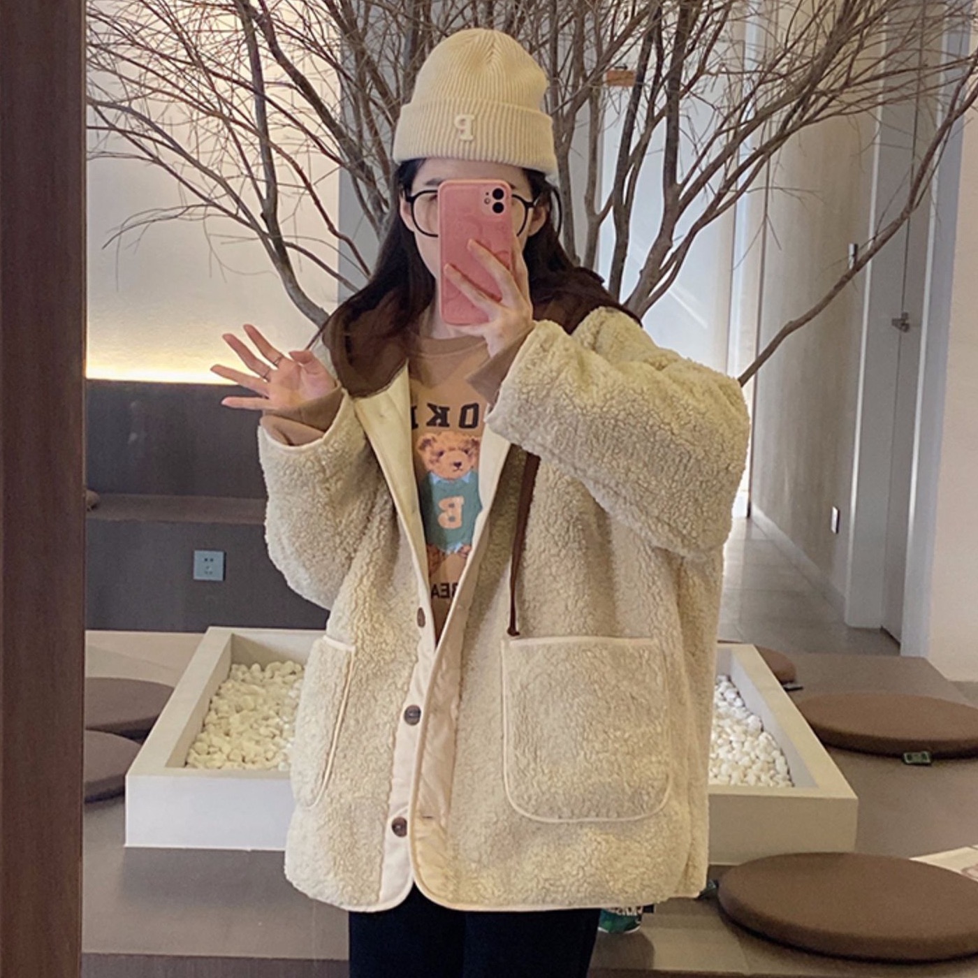 Autumn and winter retro thickened lamb wool coat Korean commuter style casual loose hoodie trendy top for women