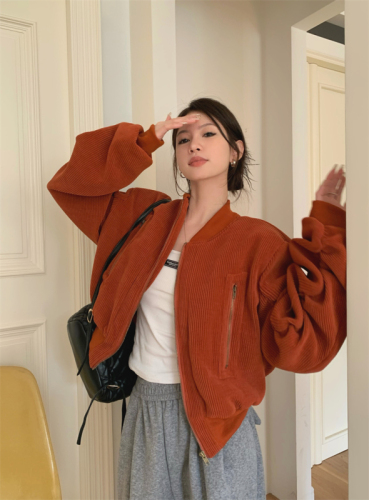 Real shot autumn and winter velvet cotton padded thickening pleated sleeve short jacket with stand-up collar and long zipper 