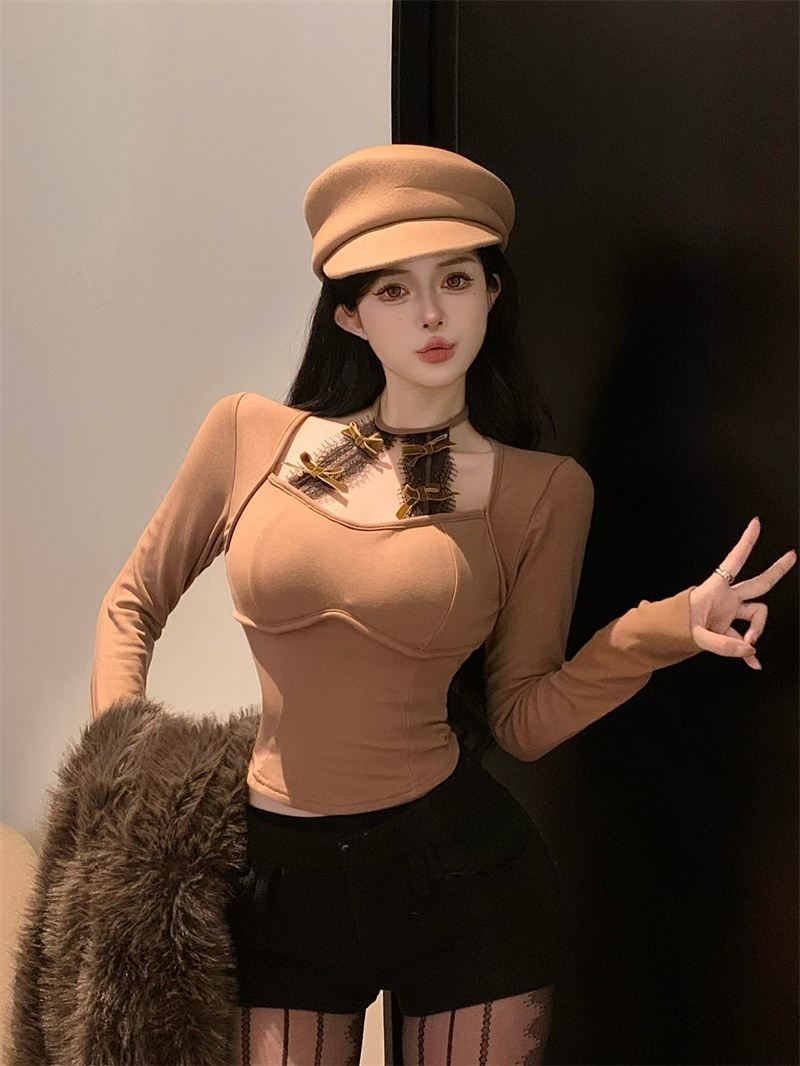實拍 蕾絲拼接設計感掛脖修身顯瘦帶胸墊長袖上衣打底衫女T恤