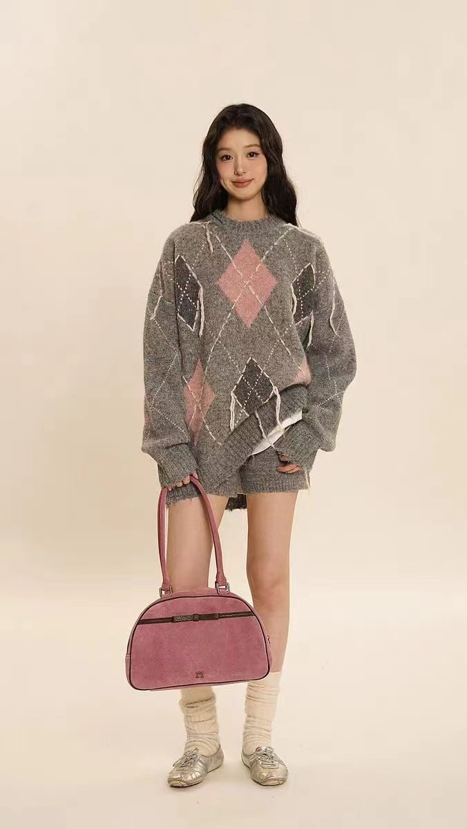 Moromoro 毛邊手繡線流蘇寬鬆菱格紋慵懶毛衣系列Lingge sweater