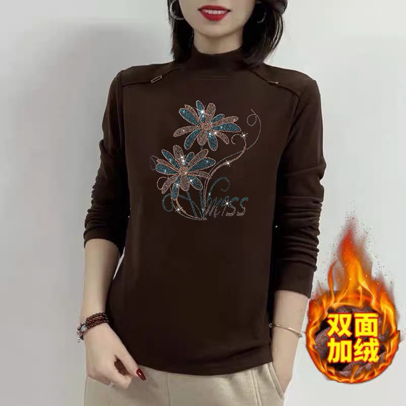 大碼打底衫女秋冬燙鑽半高領徳絨中年媽媽長袖上衣女