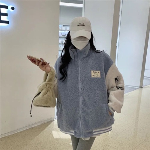 Imitation lamb plush thickened stand collar jacket for women winter  new Korean version loose student baseball uniform top trendy