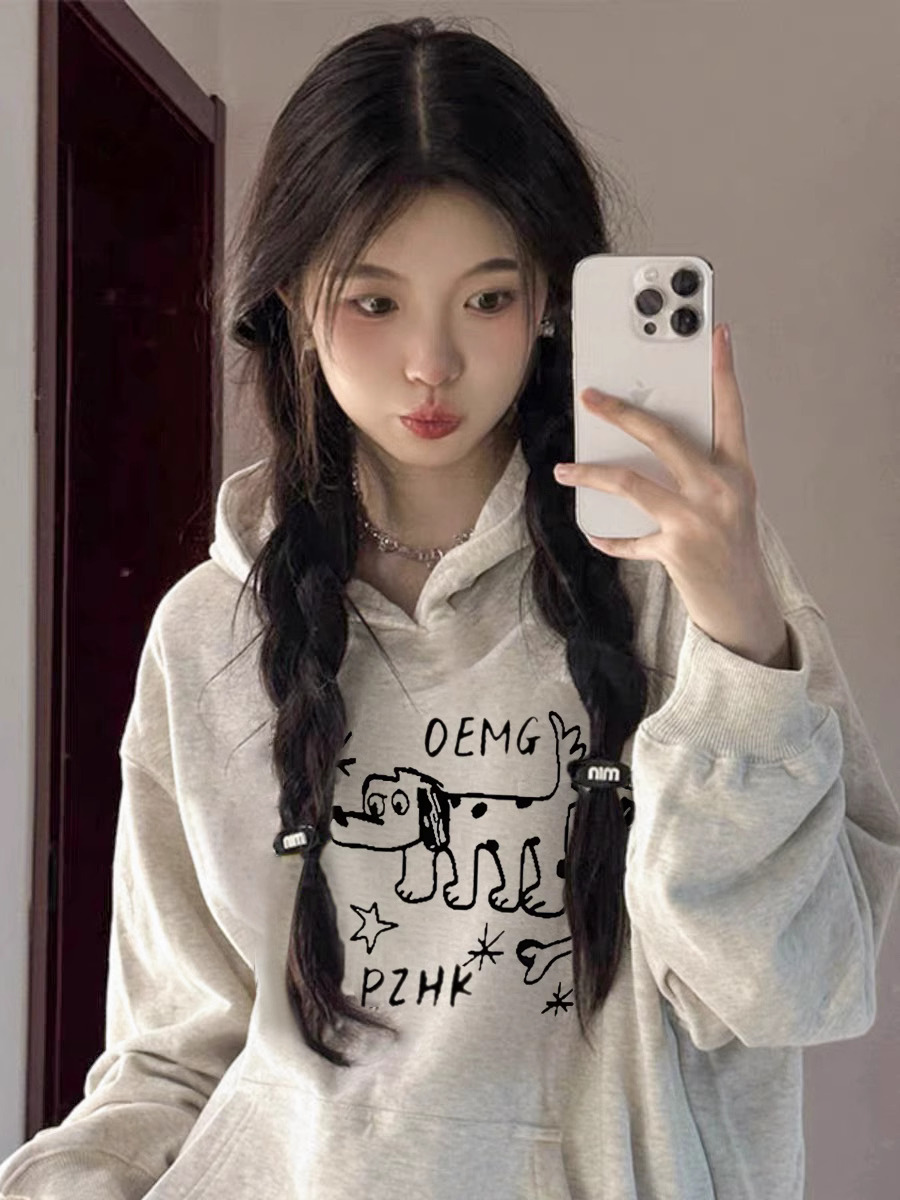 灰色衛衣女連帽加絨秋冬2023新款手繪塗鴉小眾別致慵懶風上衣外套