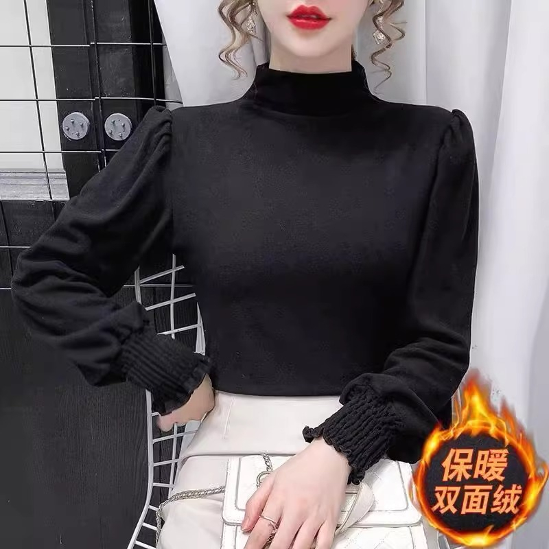螺紋德絨半高領打底衫長袖t恤女秋冬新款外穿洋氣保暖上衣潮
