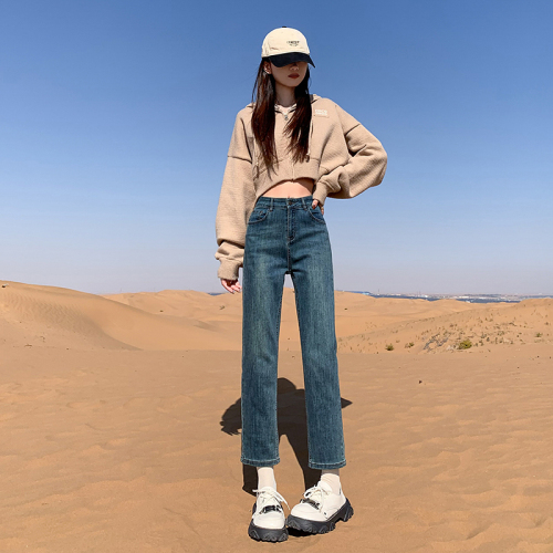 Photographed~  Autumn/Winter Korean Version Fleece Lined Thick Fleece Straight Leg Smoked Pipe Jeans 4-Way Stretch Ins Loafers