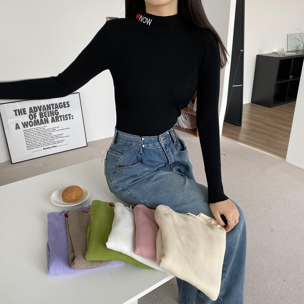 秋裝2023新款刺繡上衣長袖針織衫高領毛衣打底衫女秋冬洋氣