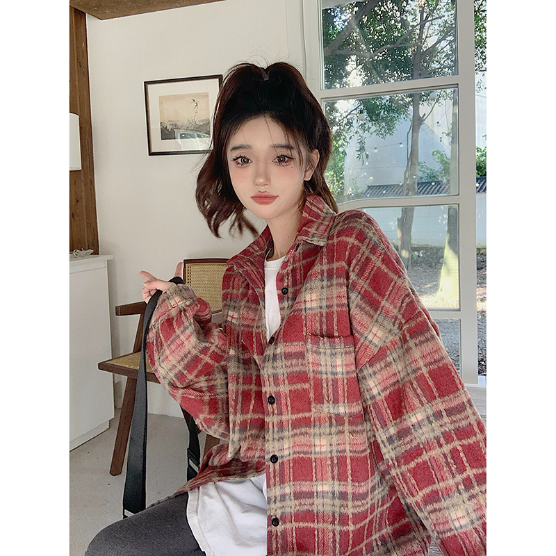 實拍 加厚磨毛格子襯衫女秋季新款寬鬆休閒襯衣外套
