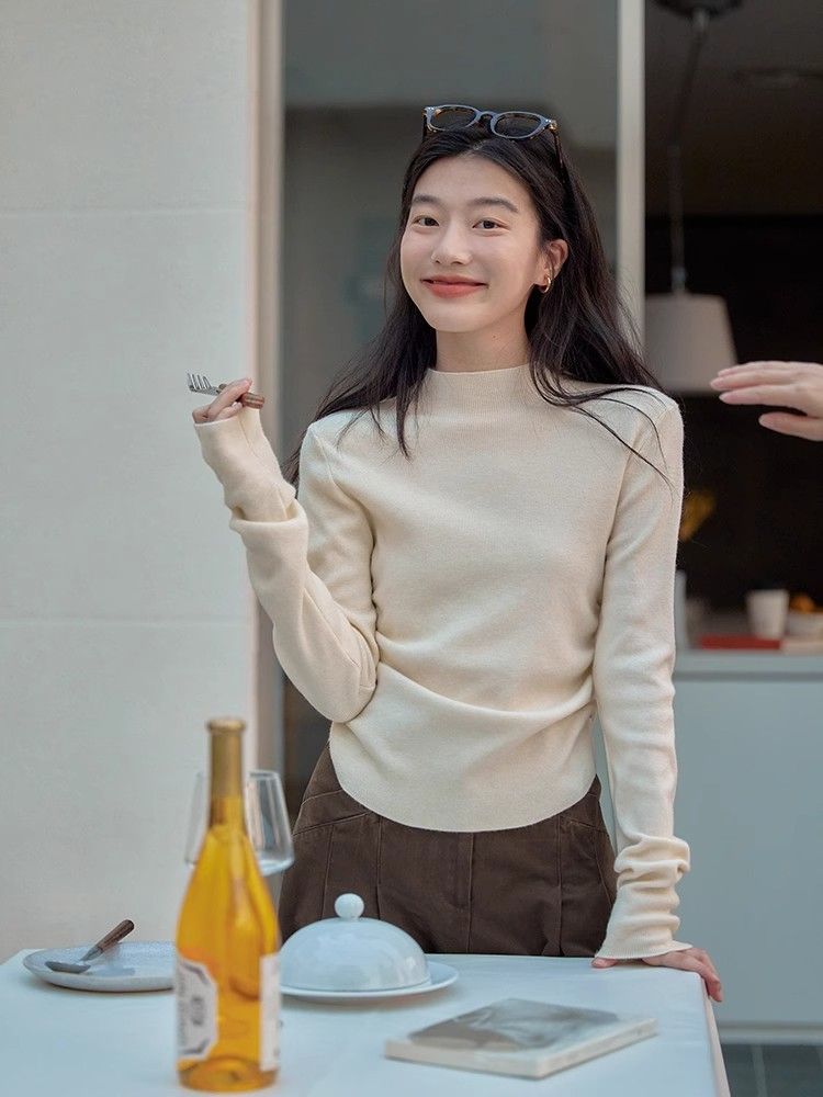 半高領打底衫女2023秋冬內搭針織衫修身獨特别致短款毛衣長袖上衣