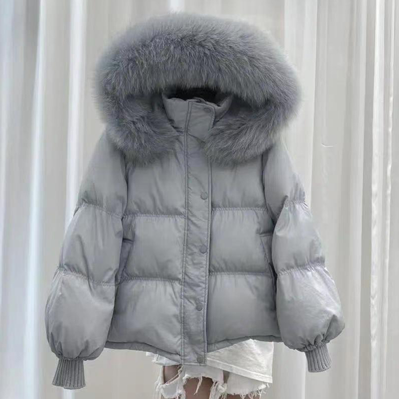 2023 Autumn and Winter Korean Style Loose Down Cotton Jacket Women's Short Small Fox Big Fur Collar Cotton Jacket Thickened Jacket