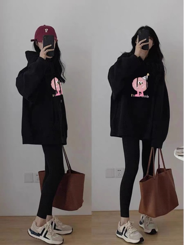 慵懶風衛衣美式連帽套裝女秋冬季國風oversize高端黑色上衣潮