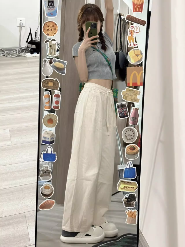 特厚水洗全棉  立體腰   褲子女慵懶褲高腰寬鬆休閒闊腿褲