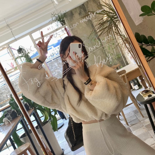 Pullover casual solid color plush drawstring short sweatshirt top for women
