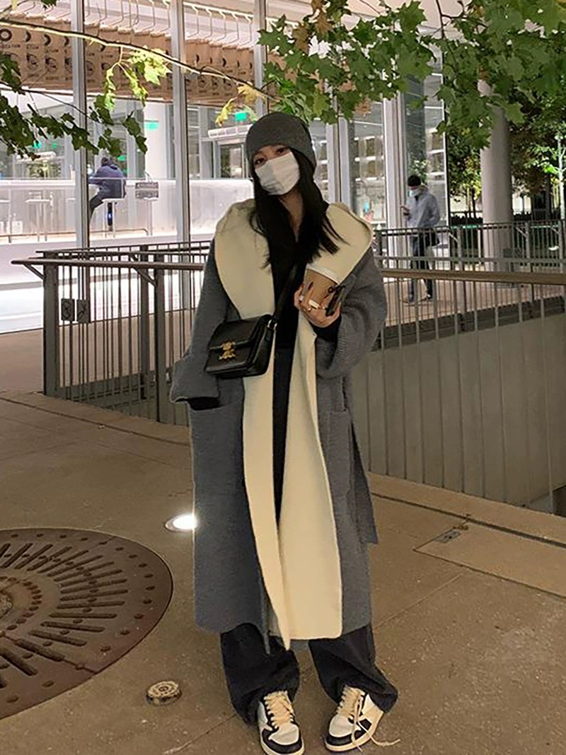 帽子可拆卸原版面料假兩件寬鬆中長款毛衣秋冬拼色針織開衫外套