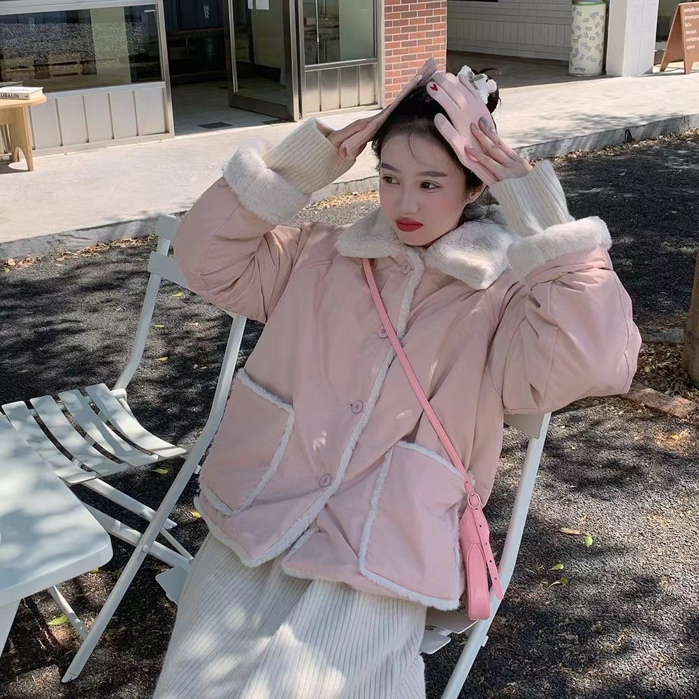 Reversible cotton coat for women, sweet and gentle style, furry and thickened lapel, winter cotton coat for women for small people
