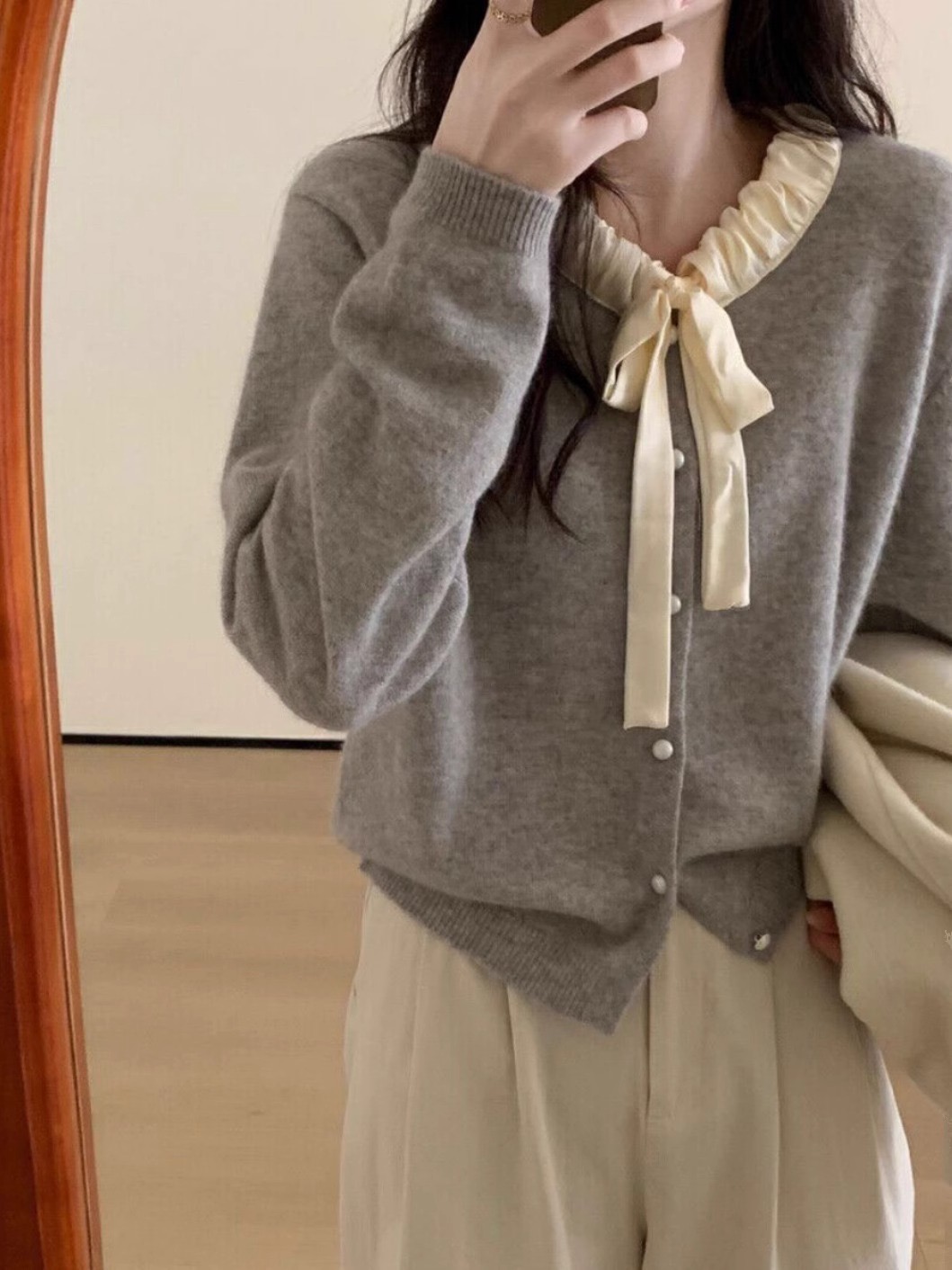 美拉德蝴蝶結甜美打底衫女秋冬新款少女學院風褶皺開衫針織上衣潮