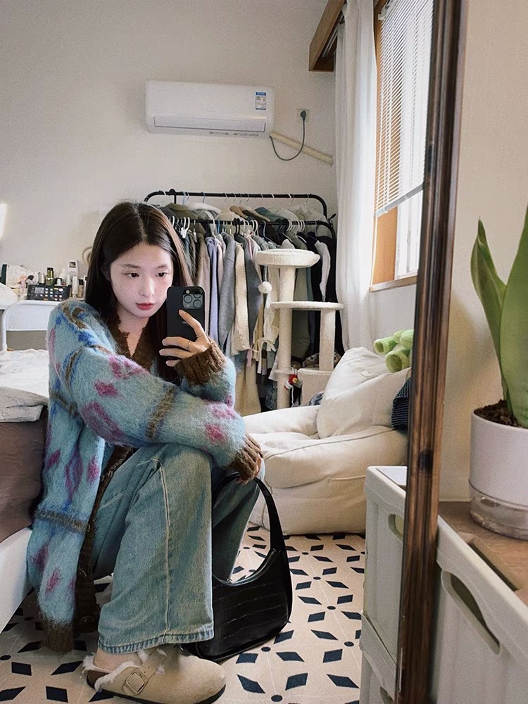 復古長袖針織開衫女秋冬設計感小眾寬鬆顯瘦百搭休閒中長款針織衫
