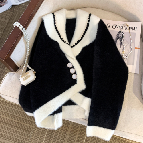 Real shot of high-quality double-sided woolen cardigan jacket, feminine style, small fragrant style, contrasting color short sweater, women's autumn and winter top